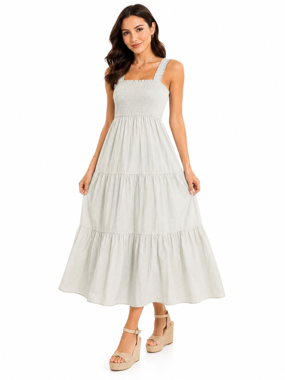 Zara NWT Light Gray Smocked Square-Neck Tiered Maxi Dress